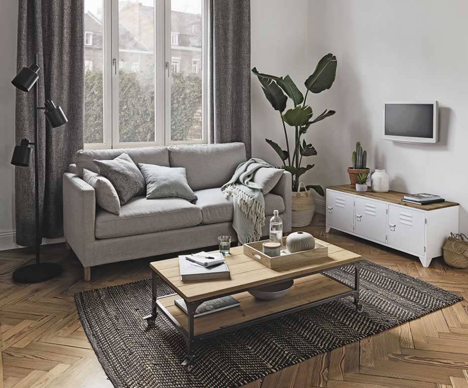 canape-julian-gris-dans-salon Salon avec canapé julian gris de Maisons du Monde